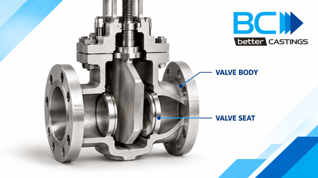 Industrial gate valve cutaway showing the valve body and valve seat locations