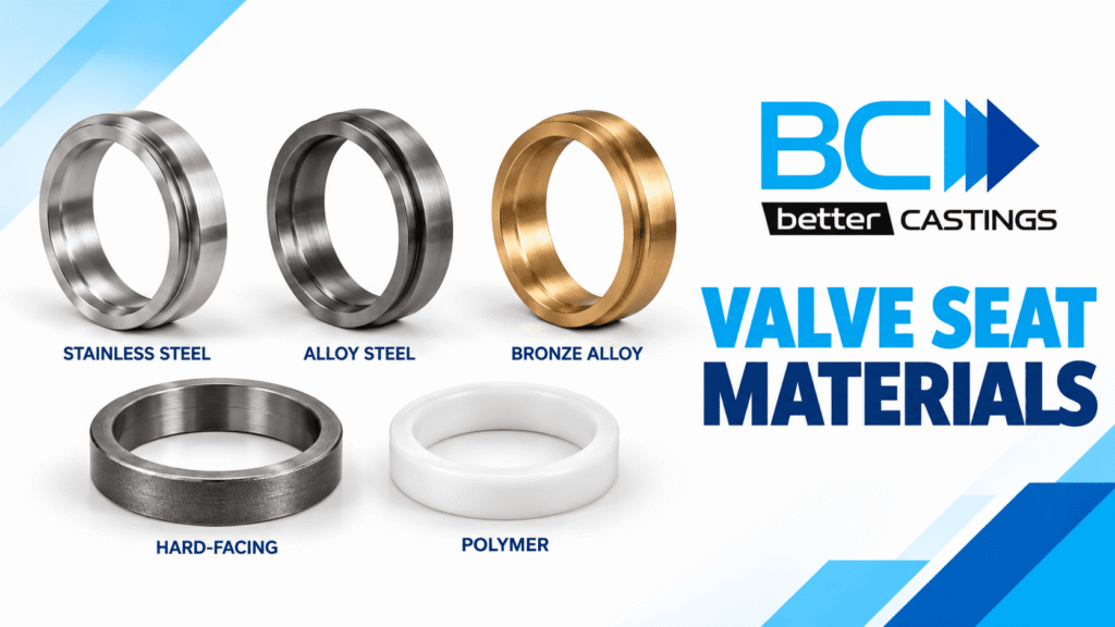 Different materials used in industrial valve seat manufacturing, including stainless steel, alloy steel, bronze alloy, hard-facing, and polymer