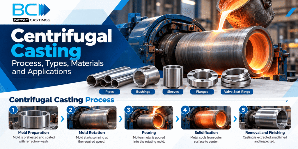 Centrifugal casting process and products including pipes, bushings, sleeves, flanges and valve seat rings